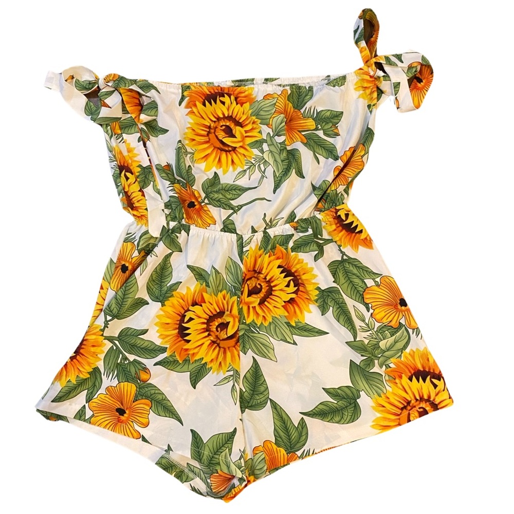 Shein Sz XL Sunflower Print Strapless Off Shoulder Summer Romper Decorative Ties